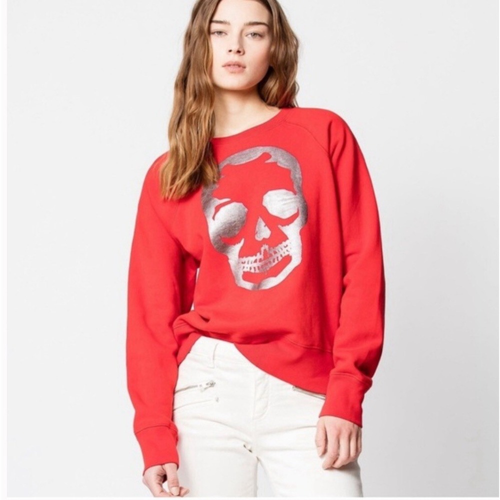 ZADIG & VOLTAIRE Red Skull Graphic Sweatshirt Women's XS Raglan Sleeve